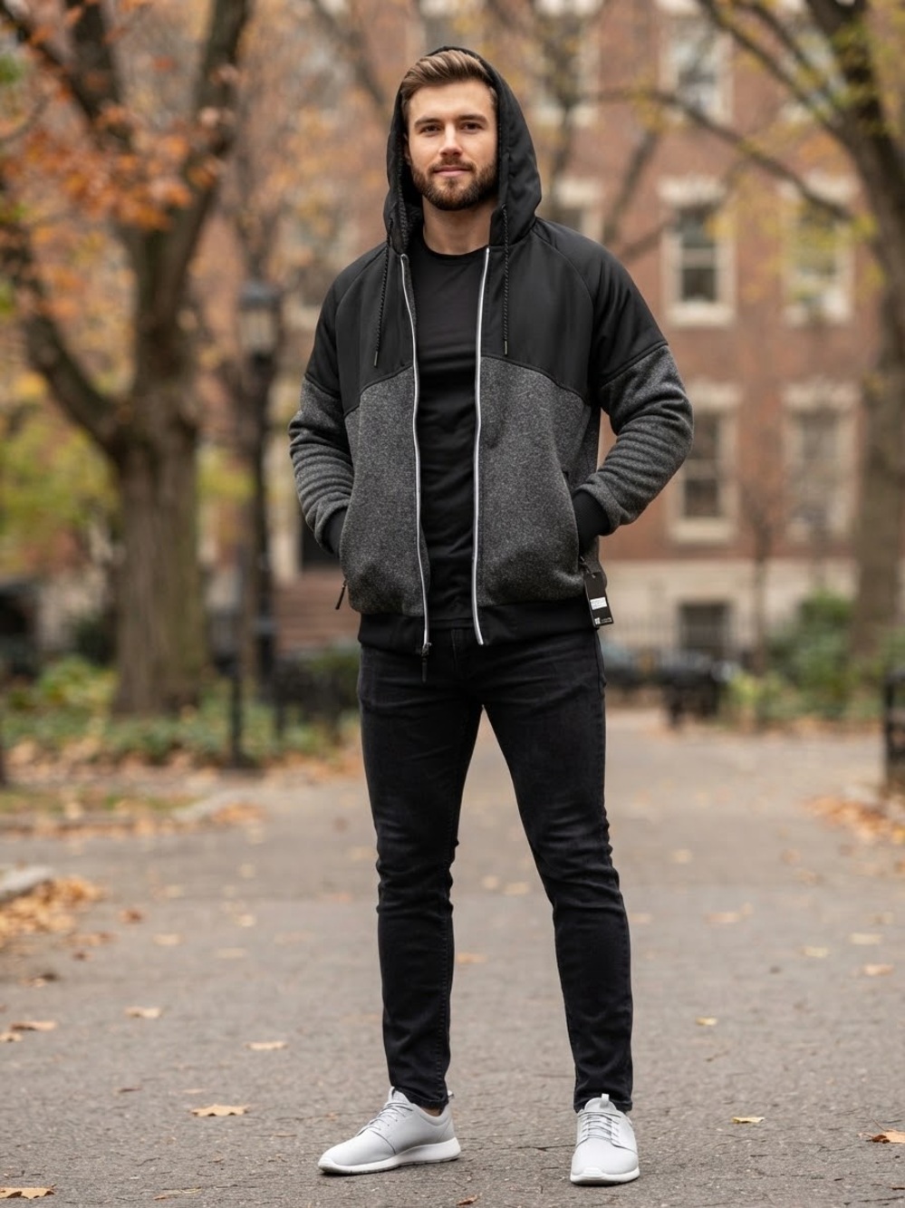 Men's Two-Tone Hooded Bomber Jacket - Black & Charcoal